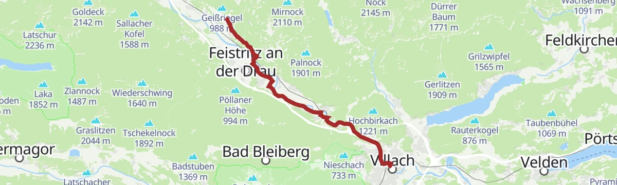 Route map: Jakobsweg Kärnten, 7. Etappe: Villach - St. Jakob ob Ferndorf